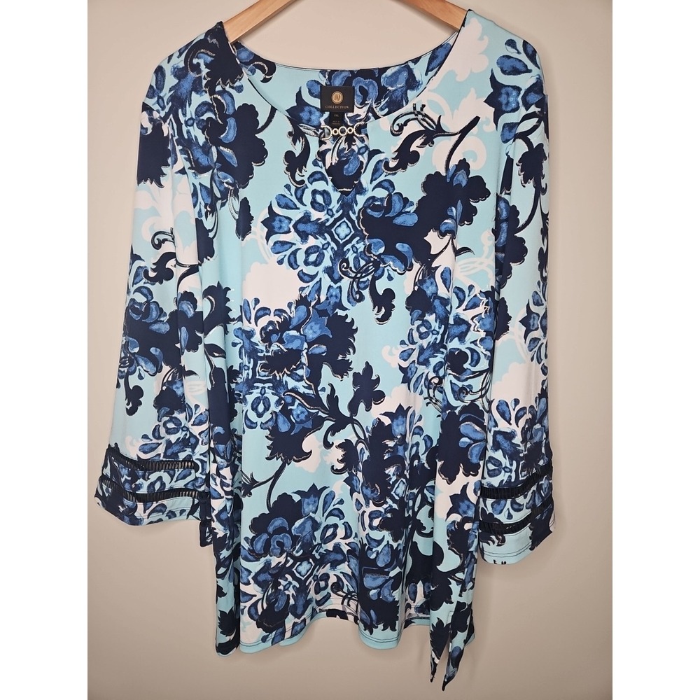 JM Collection Blouse XXL Blue Floral Boho Crochet Kimono Sleeves Tunic Top Chic